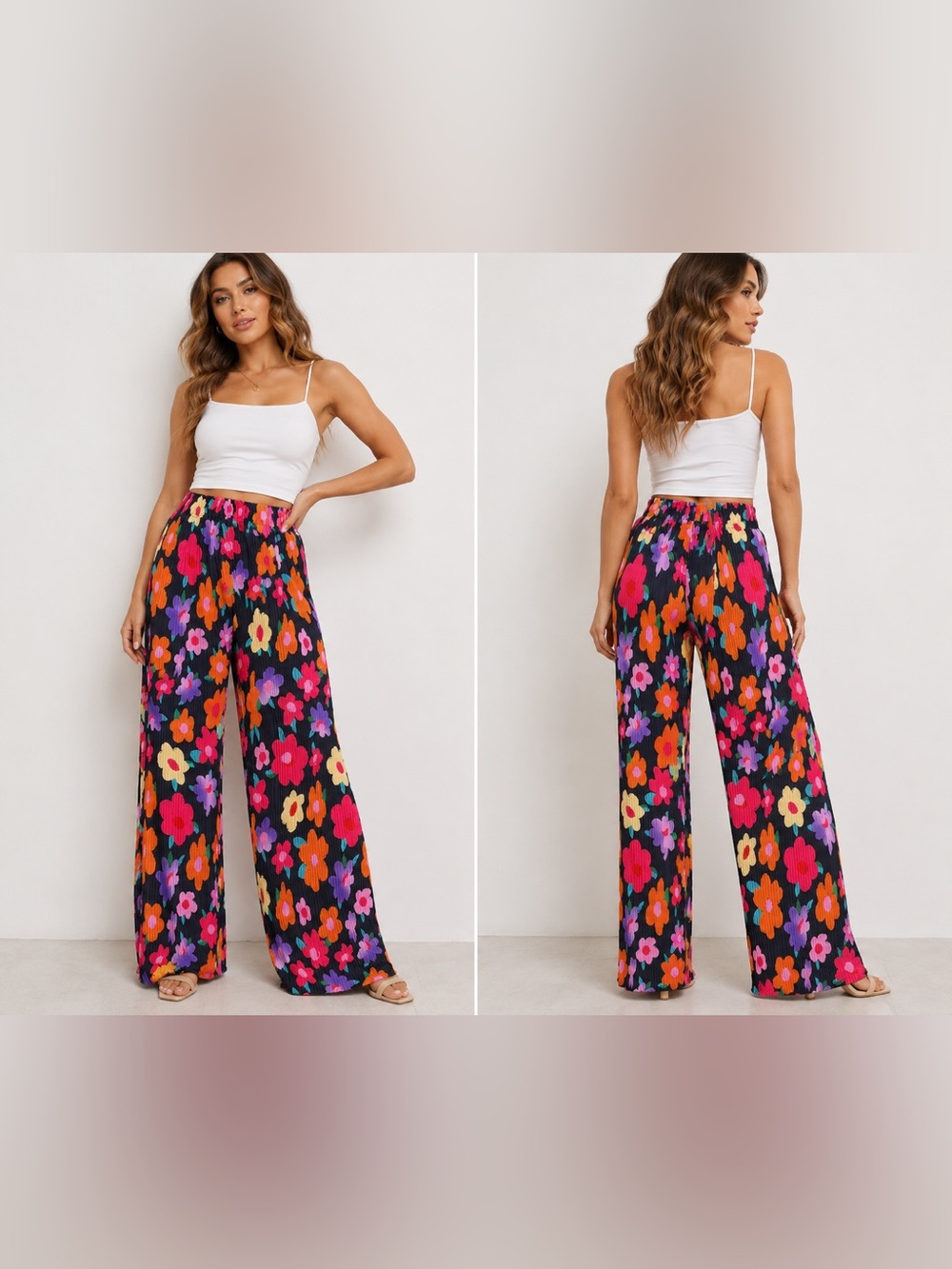 Floral Plisse Wide Leg Pants Black Multicolor High Rise Elastic Waist S